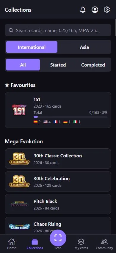 HoloAtlas Collections screen with a list of Pokémon card sets, favourites and international and Asian tabs