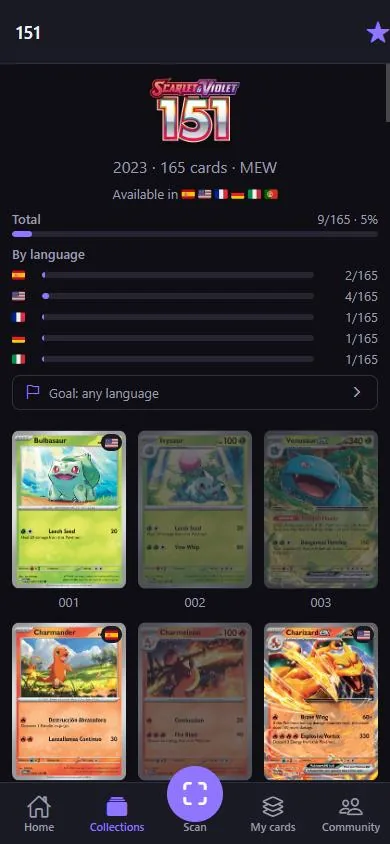 HoloAtlas set screen showing progress per language for the 151 set, with owned cards in colour and missing ones greyed out