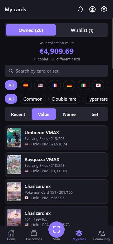 HoloAtlas My cards screen listing a collection sorted by value, with filters by language and rarity