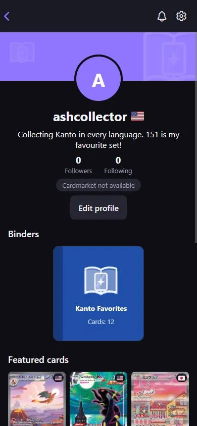 A public HoloAtlas collector profile with photo, country flag, bio, followers and a binder