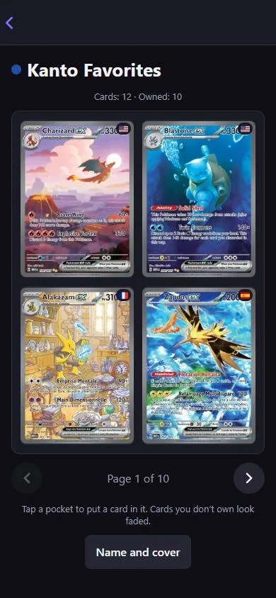 HoloAtlas virtual binder called Kanto Favorites with Charizard, Blastoise, Alakazam and Zapdos cards in English, French and Spanish