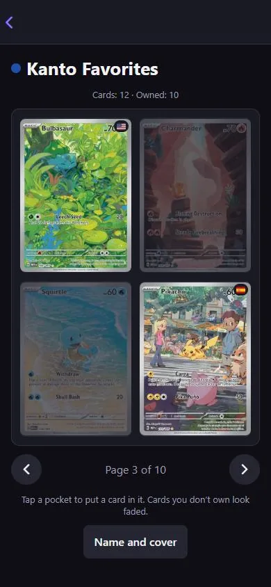 A HoloAtlas binder page where the cards not owned yet appear faded
