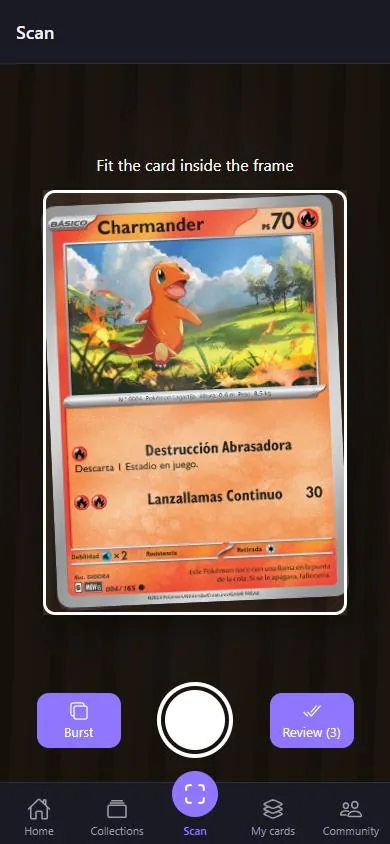 Design preview of the HoloAtlas scanner: a Spanish Charmander card inside the camera frame, with Burst and Review buttons