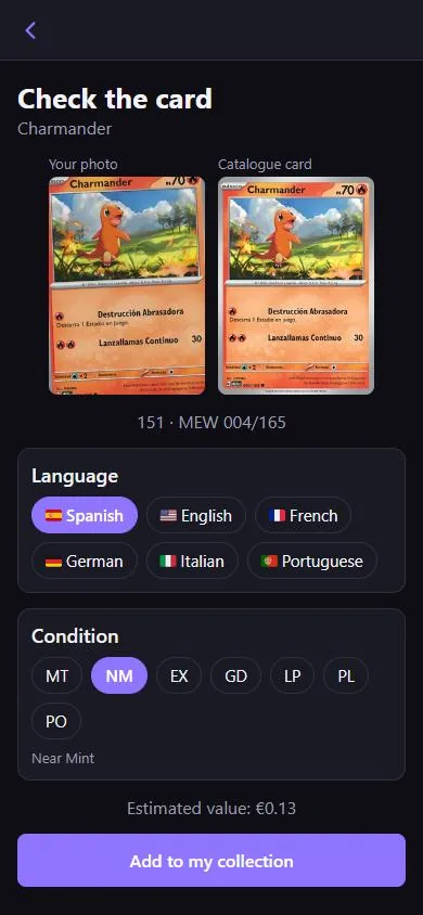 Design preview of reviewing a scanned card: your photo next to the catalogue image, with language, condition and an Add to my collection button